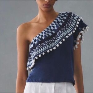 Anthropologie One Shoulder Embroidered Pom Tassel Top Blouse Blue Womens Medium
